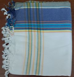 White Body Classic Kikoy with Royal Blue Border- Turquoise (brown edge)